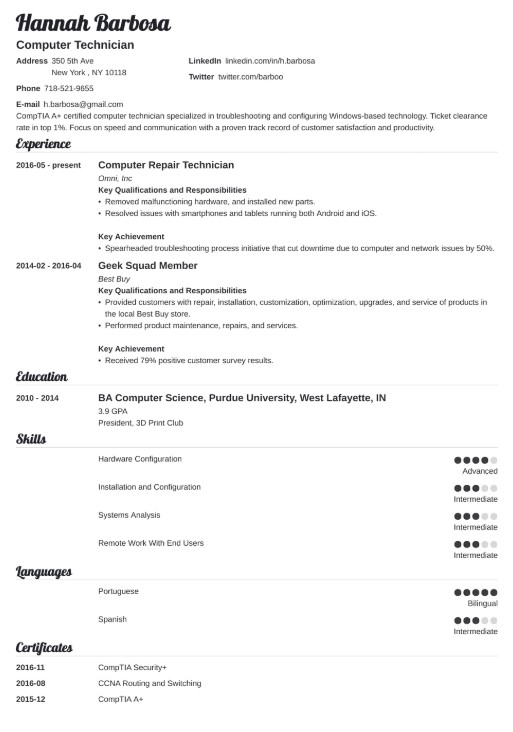 Entry Level Computer Technician Resume