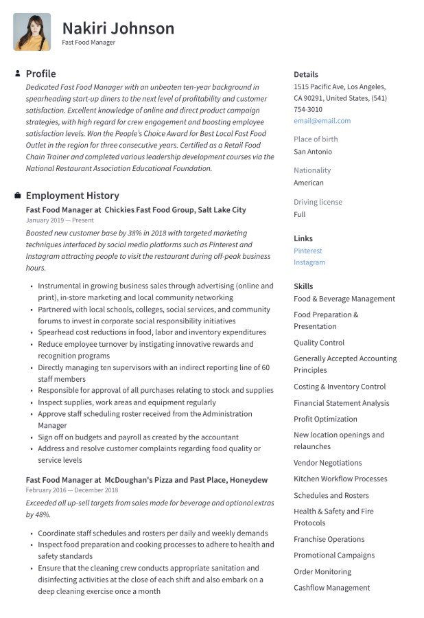 Fast Food Assistant Manager Resume