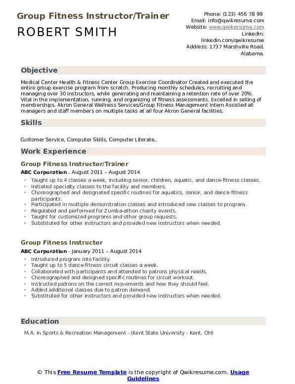 Group Fitness Instructor Resume