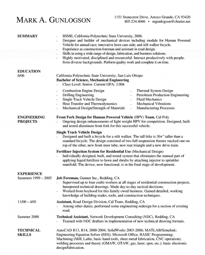 Mechanical Engineering Entry Level Resume