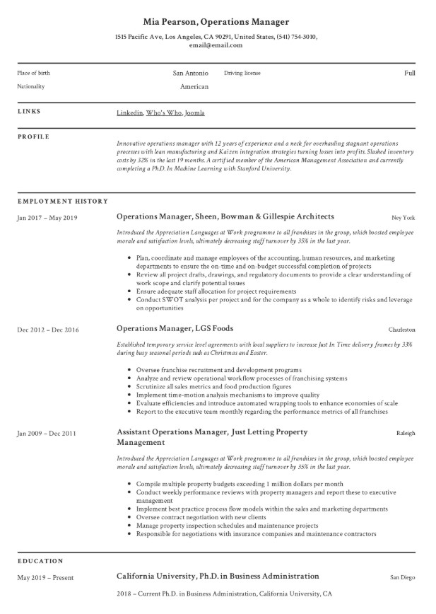 Operations Manager Resume Sample