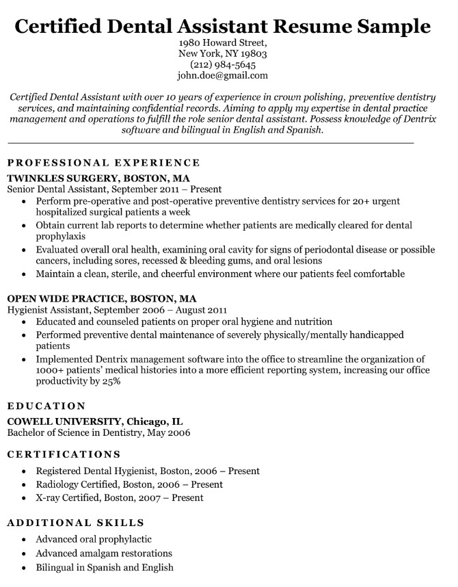 Resume For A Dental Assistant